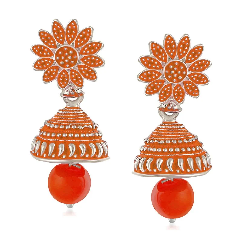 women’s initial earrings-Mahi Meenakari Work Orange Artificial Bead Floral Jhumka Drop Earrings for Women (ER1109688R)