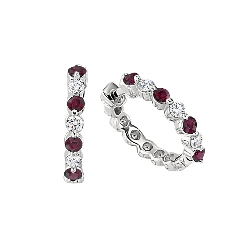 women’s fashion earrings-Ruby and Diamond Hoop Earrings (Petite Version)