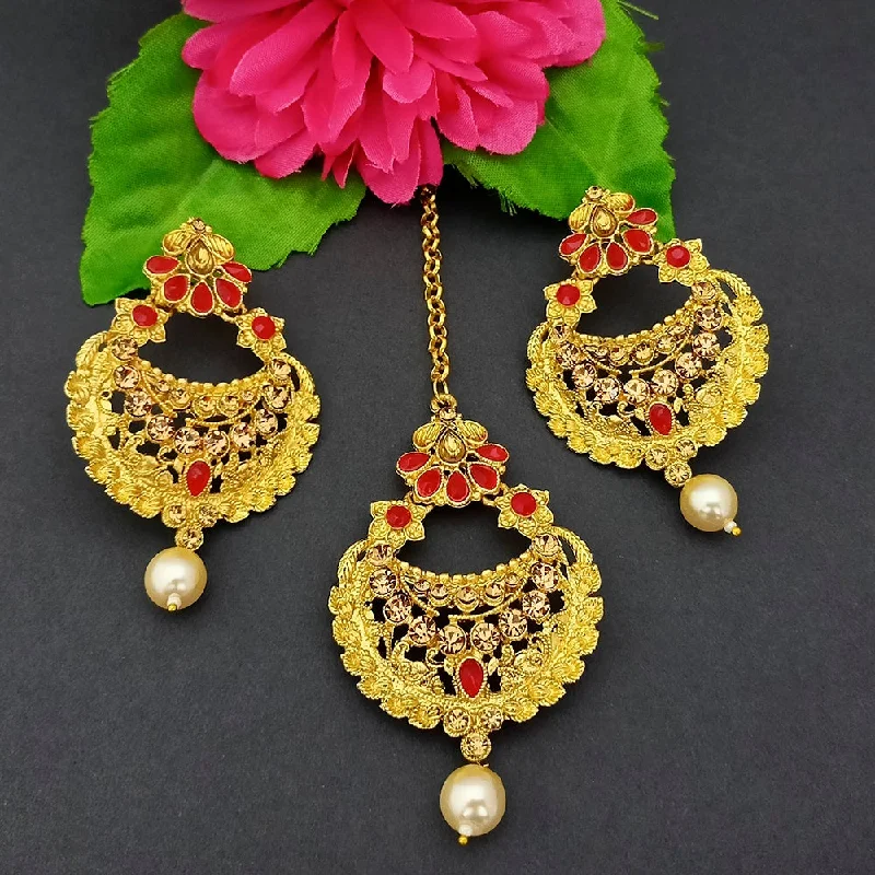 women’s diamond encrusted earrings-Adi Gold Plated Kundan And Stone Earrings With Maang Tikka - 1319266