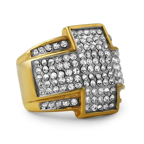 women’s diamond solitaire rings-Cross Gold Stainless Steel Bling Bling Ring