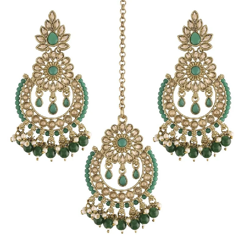 women’s luxury chandelier earrings-Etnico 18K Gold Plated Traditional Handcrafted Earrings With Maang Tikka Encased with Faux Kundan & Pearl for Women/Girls (TE4001G)