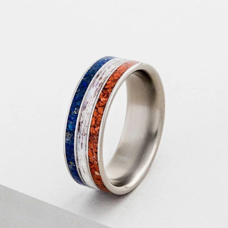 women’s emerald engagement rings-(In-Stock) The Patriot | Men's Titanium Wedding Band with Lapis Lazuli, Red Opal and Elk Antler Inlays - Size 12.25, 8mm Wide