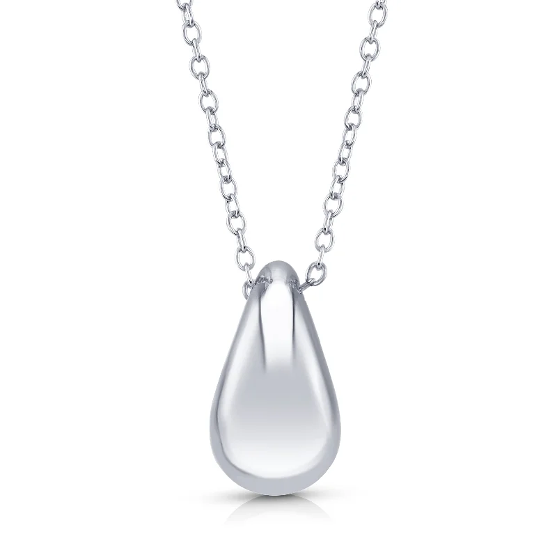 women’s exclusive necklaces-PUFF TEAR DROP CHARM NECKLACE, SILVER