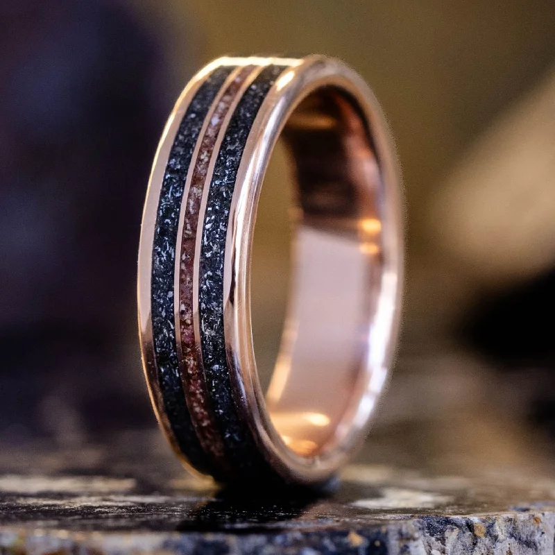 women’s halo engagement rings-The Alvarez in Gold | Men's Dinosaur Bone & Meteorite Gold Wedding Band