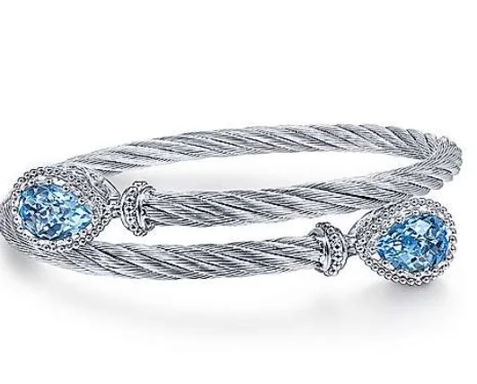 women’s gemstone bracelets-925 Sterling Silver and Stainless Steel Twisted Cable Sky Blue Topaz Bypass Bangle