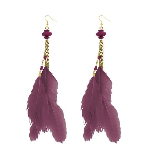 women’s pearl chandelier earrings-Jeweljunk Gold Plated Maroon Feather Earrings - 1310971B