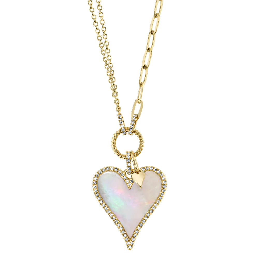 women’s long chain necklaces-14K Yellow Gold Diamond and Mother of Pearl Heart Necklace