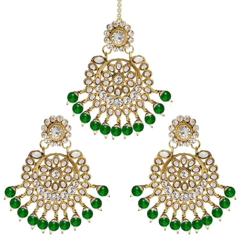 women’s holiday earrings-Etnico Green Gold Plated Alloy Traditional Kundan Pearl Earrings and Maang Tikka for Women (TE2501G)