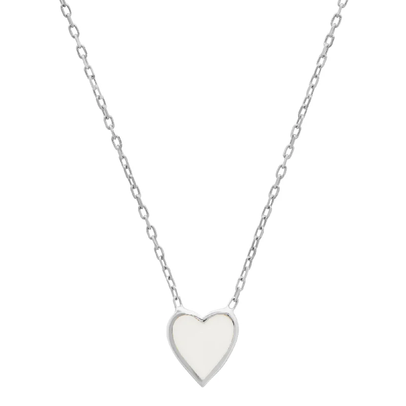 women’s diamond necklaces with pearls-WHITE HEART ENAMEL NECKLACE, SILVER