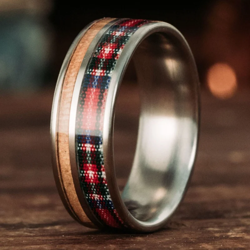 women’s floral engagement rings-(In-Stock) The Celtic - Stewart Royal | Men's Titanium Wedding Band with Whiskey Barrel & Tartan - Size 11.25 | 8mm Wide