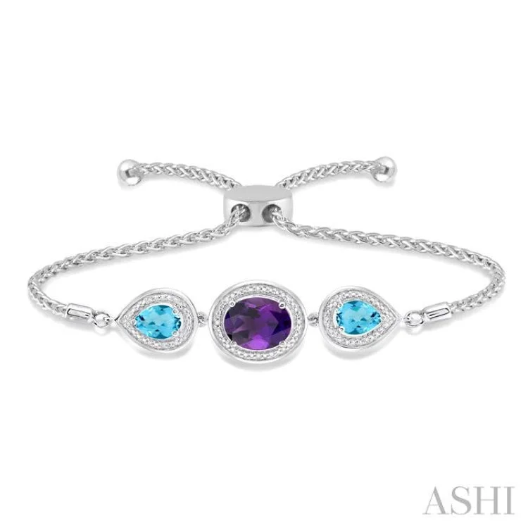 women’s vintage diamond bangles-1/20 Ctw Oval 10x8mm Amethyst & Pear Shape 7x5mm Blue Topaz Round Diamond 3Stone Sterling Silver Lariat Bracelet