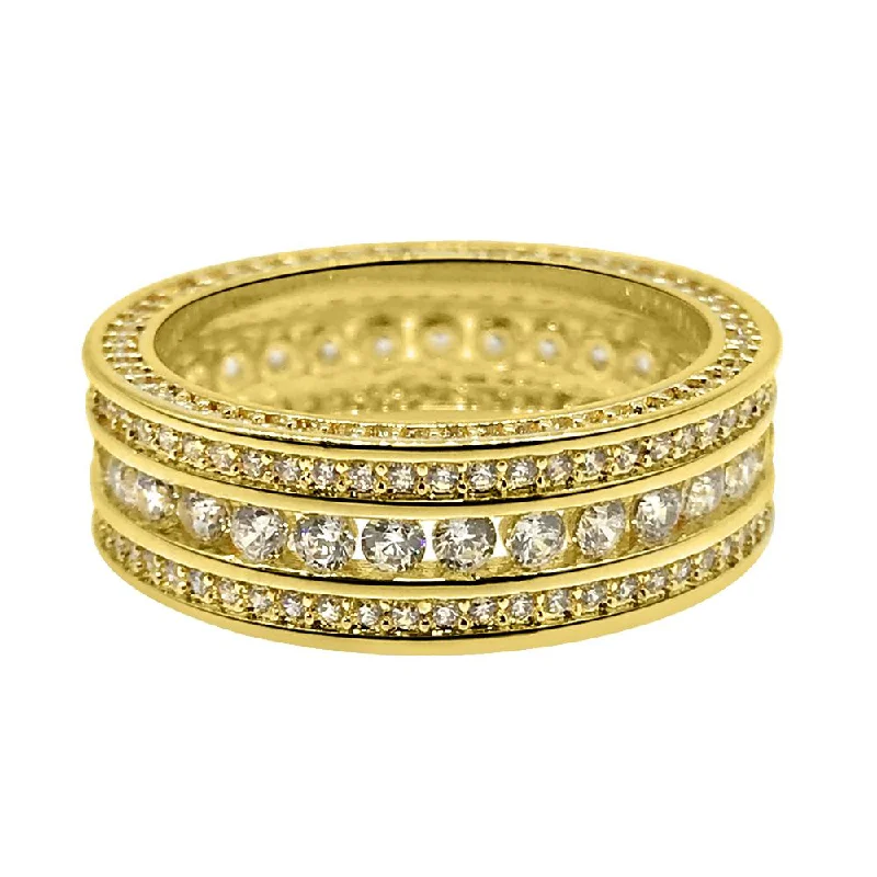 women’s thick band rings-Channel Set 360 Eternity Band Gold CZ Bling Bling Ring