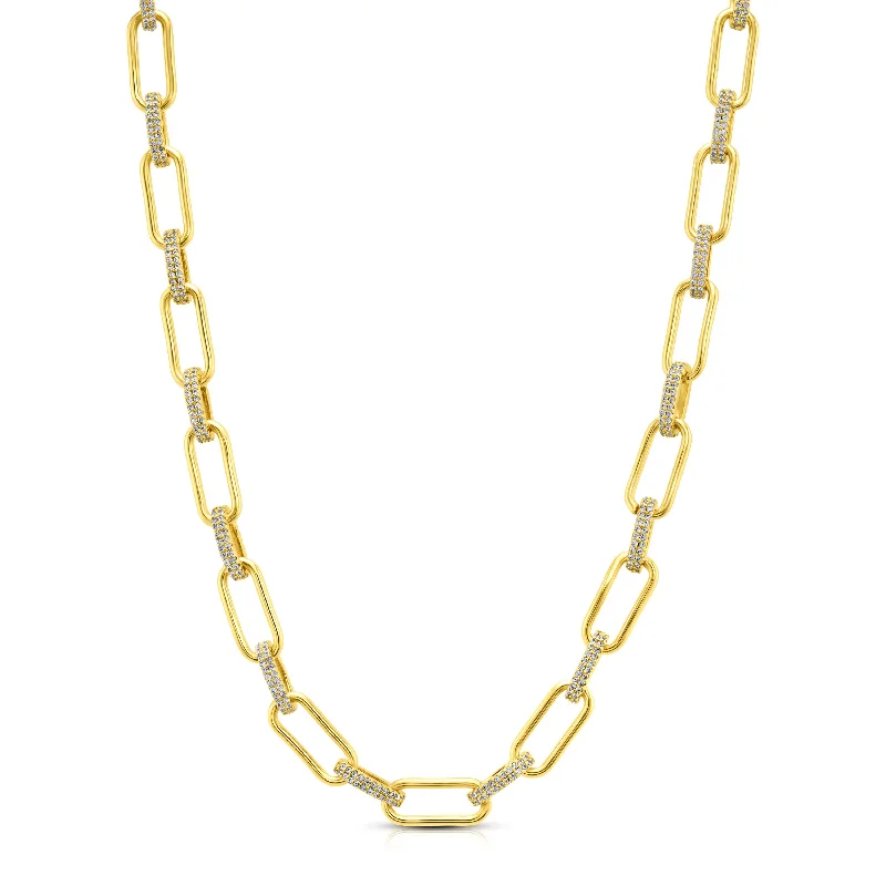 women’s luxury pendant necklaces-PAPERCLIP NECKLACE W/ CZ OVAL LINKS, GOLD