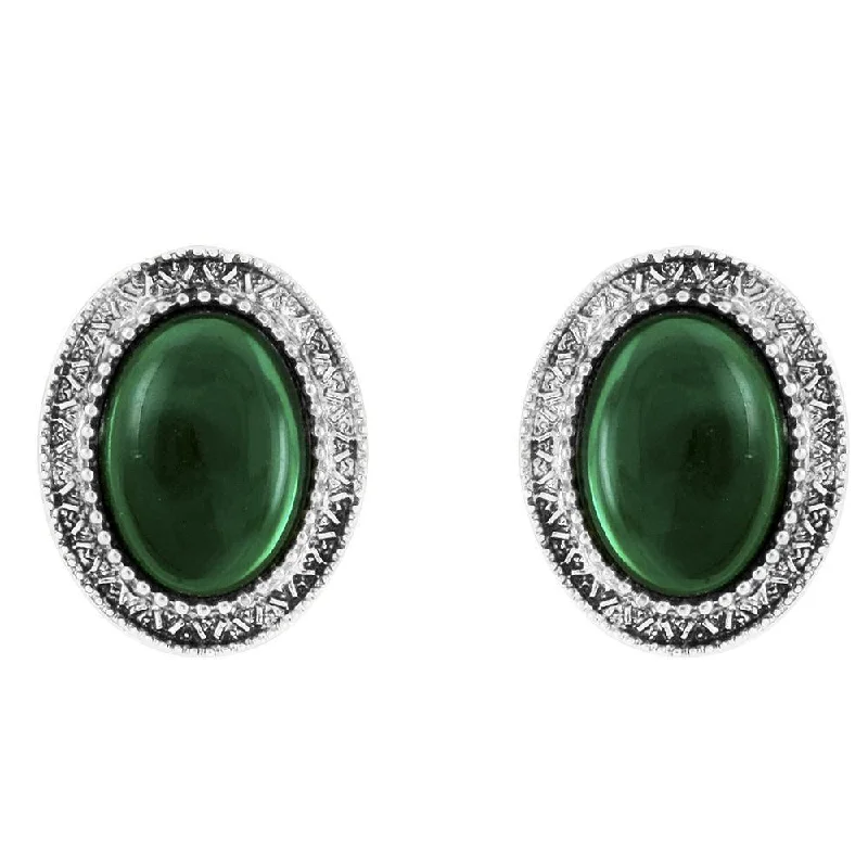 women’s gold stud earrings-Mahi Fashion Green Oval Stud Rhodiul Plated Earrings with Crystals