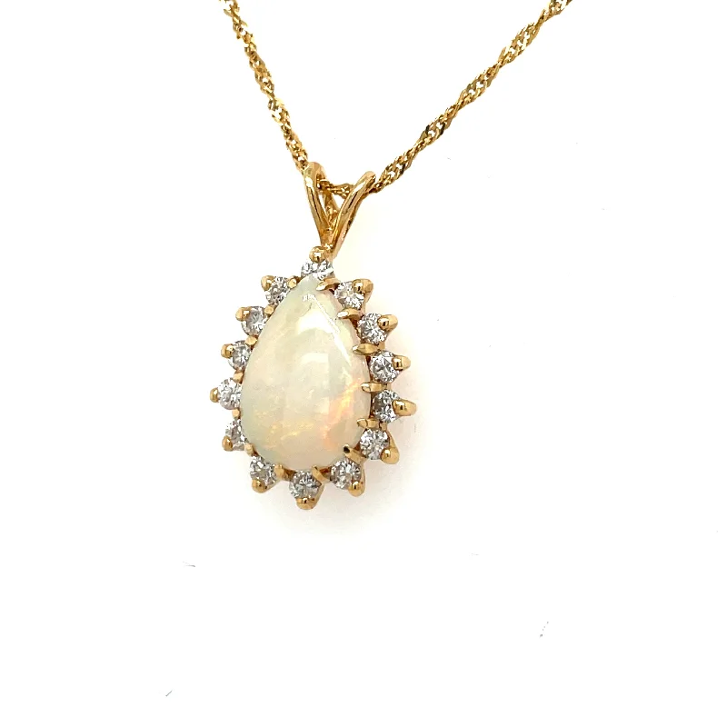 women’s trendy necklaces-Estate 14K Pear Opal & Diamond Halo Necklace