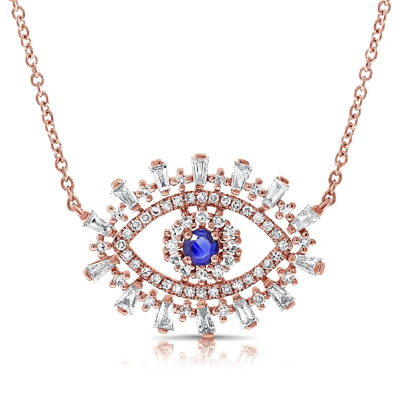 women’s vintage necklaces-14K Rose Gold Diamond + Sapphire Evil Eye Necklace