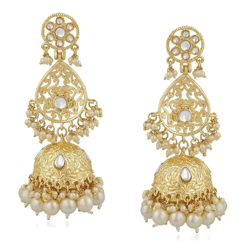 women’s adjustable earrings-Mahi Ethnic Gold Plated White Kundan Long Dangler Jhumki Earring For Women VECJ100200