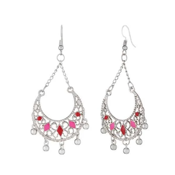 women’s holiday earrings-Jeweljunk Rhodium Plated Pink Meenakari Afghani Earrings - 1312501A