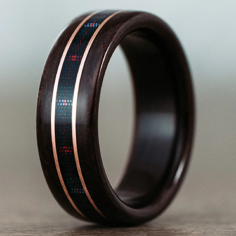 women’s floral engagement rings-The Scottish National | Men's Rosewood Wedding Band with Tartan & Dual Metal Inlays