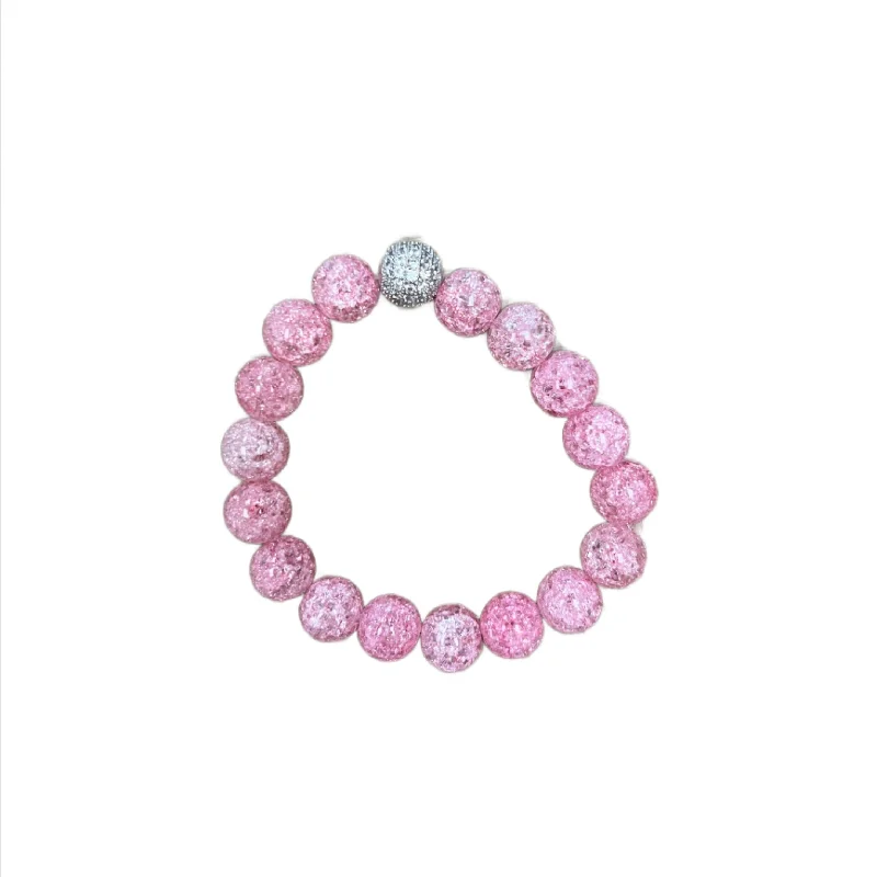 women’s crystal bracelets-Silver Pave Pink Crackle Glass 10mm