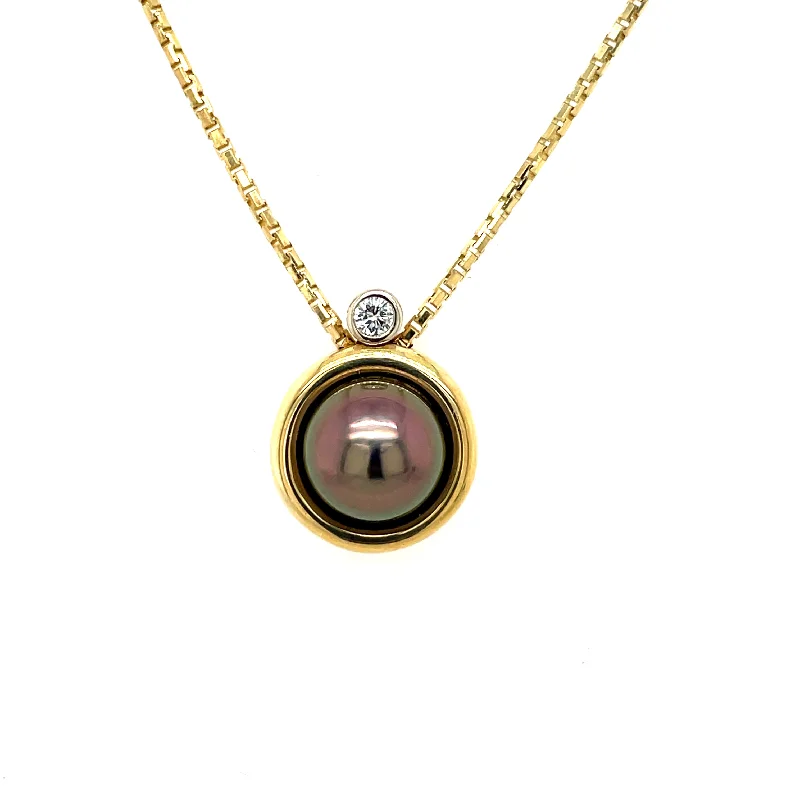 women’s vintage necklaces-ESTATE 14K Two-tone Gold Black Pearl & Diamond Accent Necklace