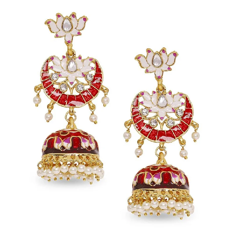 women’s adjustable hoop earrings-Mahi Red Meenakari Work Enamelled Lotus Shaped Artificial Pearl and Crystal Dangle Jhumka Earrings for Women (ER1109739GRed)