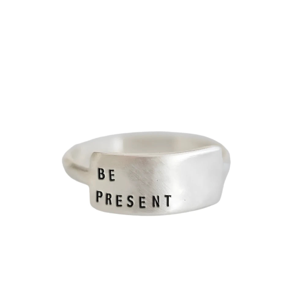 women’s simple silver rings-Be Present: Inspirational Handstamped Ring