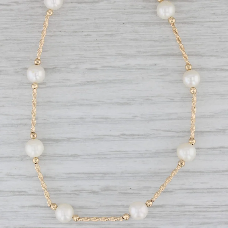 women’s crystal necklaces-Cultured Pearl Station Necklace 14k Yellow Gold 15" Rope Chain