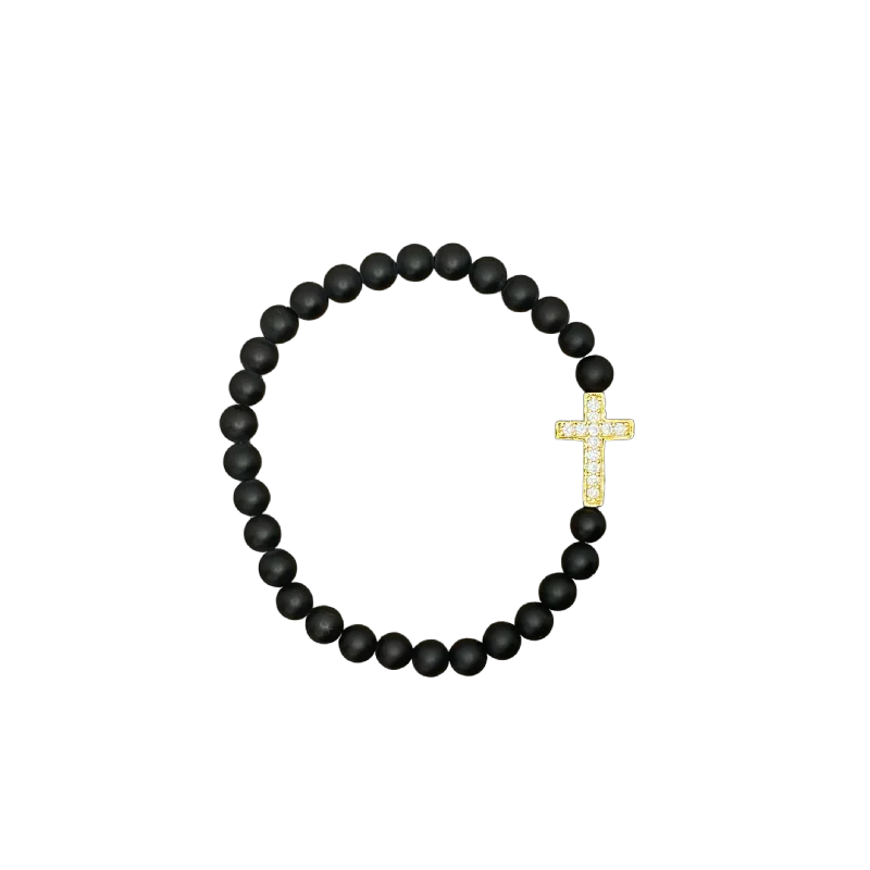 women’s mixed metal bracelets-Small Gold Pave Cross Matte Black 6mm