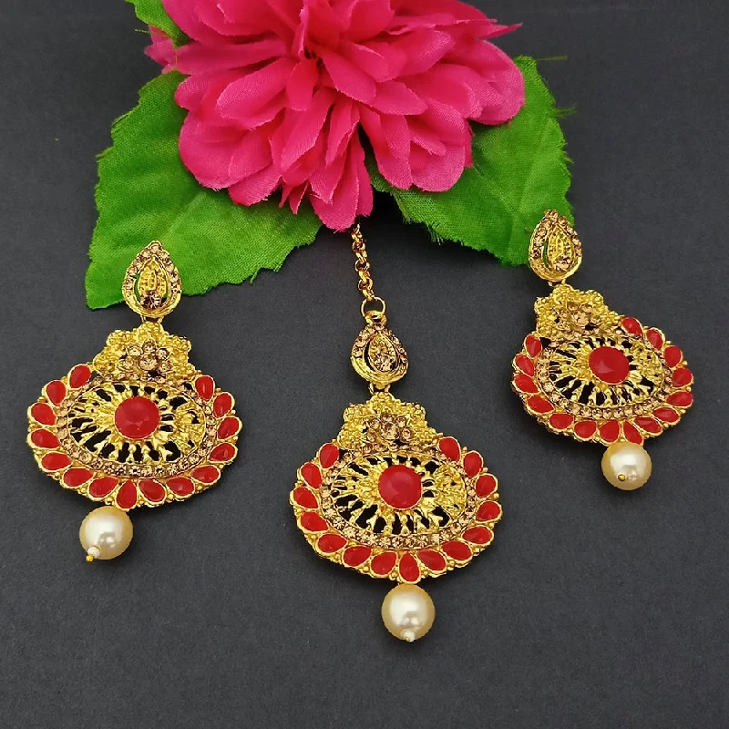 women’s elegant drop earrings-Adi Gold Plated Kundan And Stone Earrings With Maang Tikka - 1319264