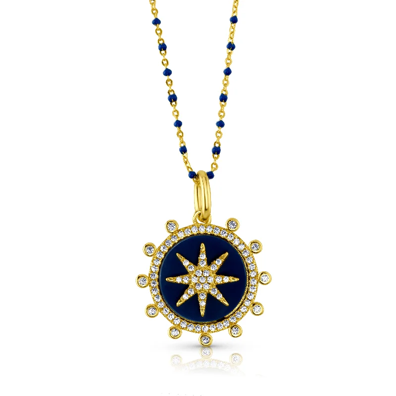 women’s letter necklaces-SUNBRUST PENDANT AND BEADED CHAIN NECKLACE, GOLD LAPIS