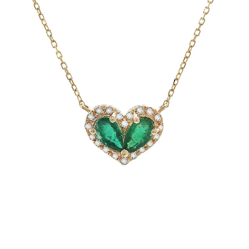 women’s floral necklaces-14K Yellow Gold Diamond and Pear Emerald Heart Necklace