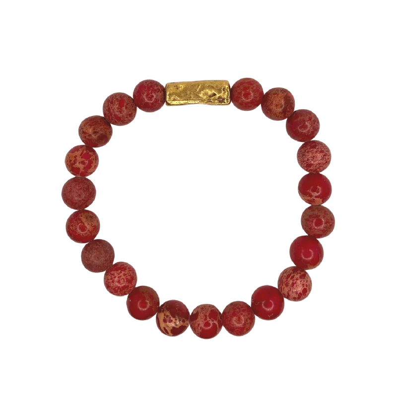 women’s woven bracelets-Gold Rectangular Tube Red African Sea Sediment 8mm