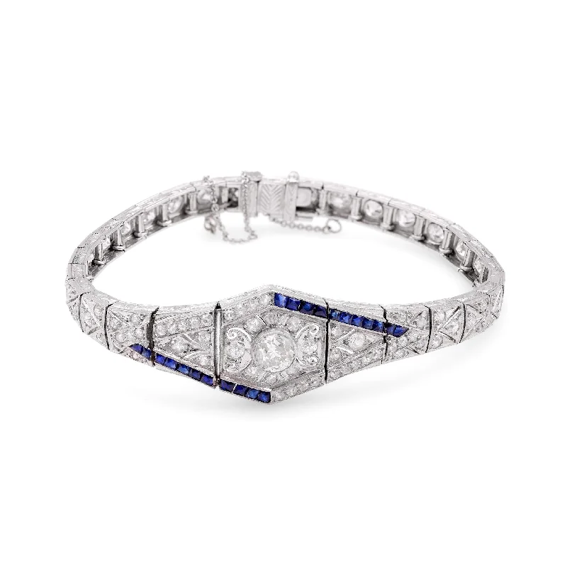 women’s bracelet sets-Art Deco Diamond Sapphire Platinum Bracelet