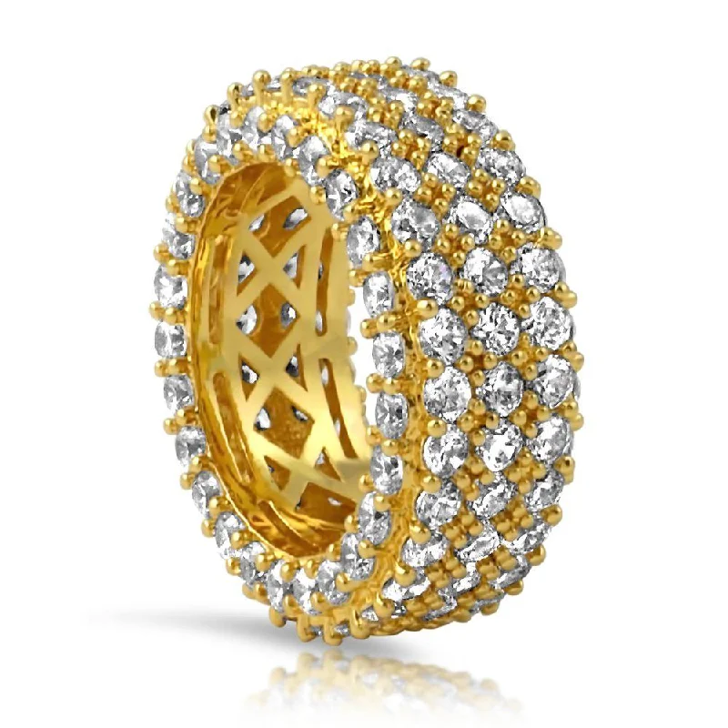 women’s men’s style rings-Triple Ice Decker 360 CZ Eternity Hip Hop Ring Band in Gold