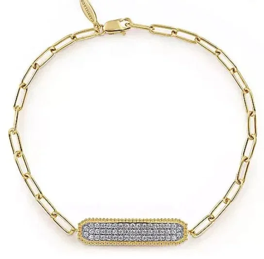 women’s polished bracelets-14K Yellow Gold Diamond Pavé Wide Bar Hollow Chain Bracelet