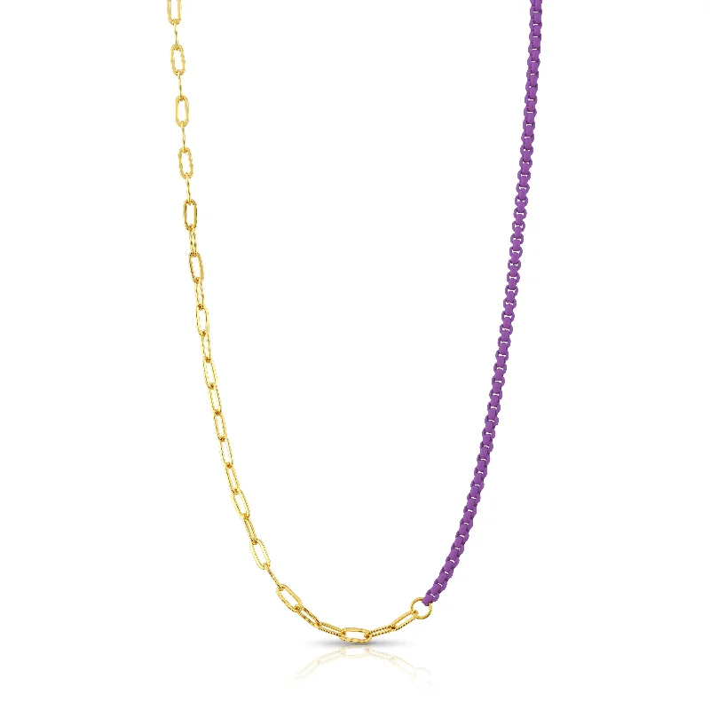 women’s gold plated necklaces-HALF & HALF ENAMEL PAPERCLIP NECKLACE, PURPLE