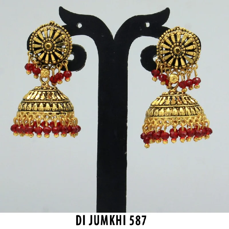 women’s chandelier drop earrings-Mahavir Gold Plated Red Beads Jhumki Earrings  - DI Jumkhi 587