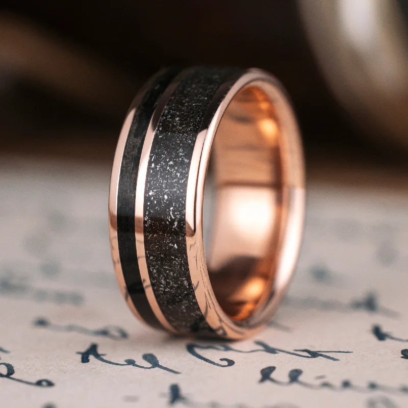 women’s sparkling engagement rings-(In-Stock) The Dark Star | Men's 10k Rose Gold Whiskey Barrel Wood & Black Meteorite Wedding Band - Size 7.25 | 8mm Wide