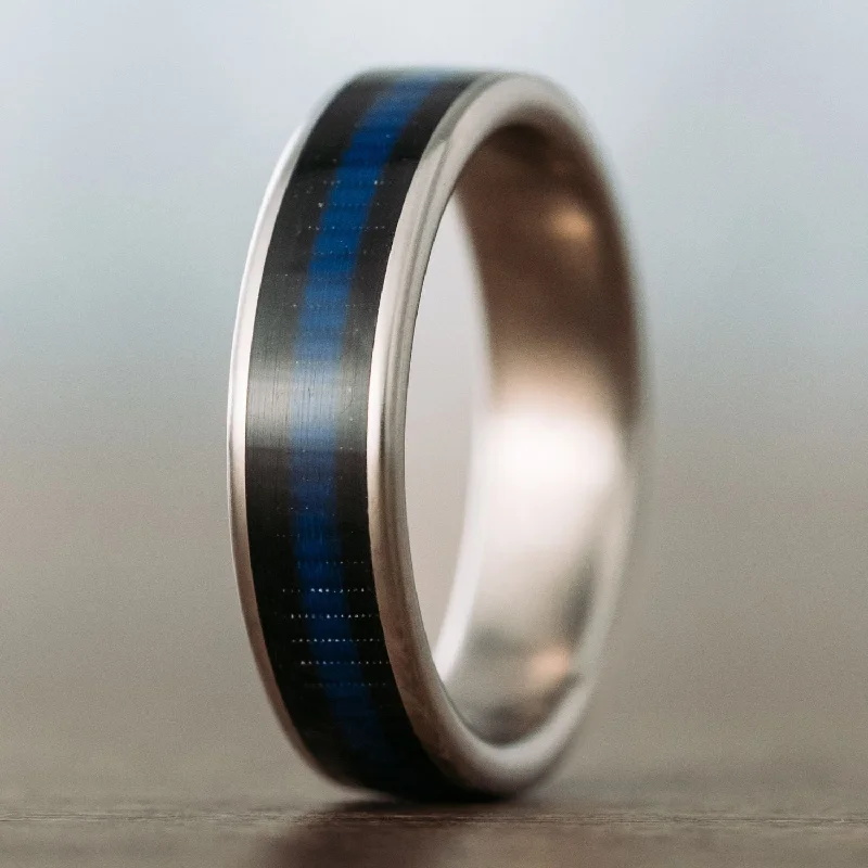 women’s pear-shaped engagement rings-(In-Stock) The Tribute | Men's Titanium Wedding Band with Blue Line & Black Ribbon - Size 11 | 6mm