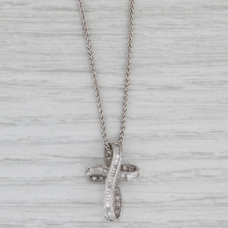 women’s gemstone and diamond necklaces-0.39ctw Diamond Ribbon Cross 14k White Gold Wheat Chain 18" Necklace