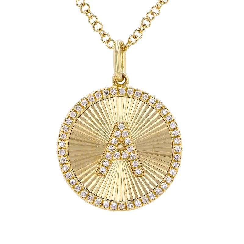 women’s elegant gemstone necklaces-14K Yellow Gold Fluted Disc Diamond Initial Necklace