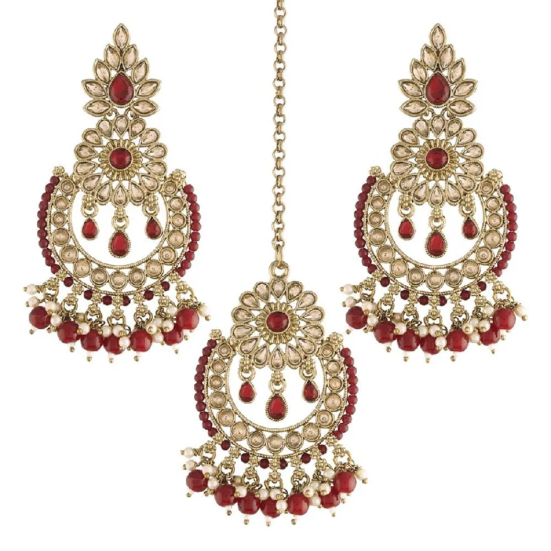 women’s diamond earrings-Etnico 18K Gold Plated Traditional Handcrafted Earrings With Maang Tikka Encased with Faux Kundan & Pearl for Women/Girls (TE4001M)