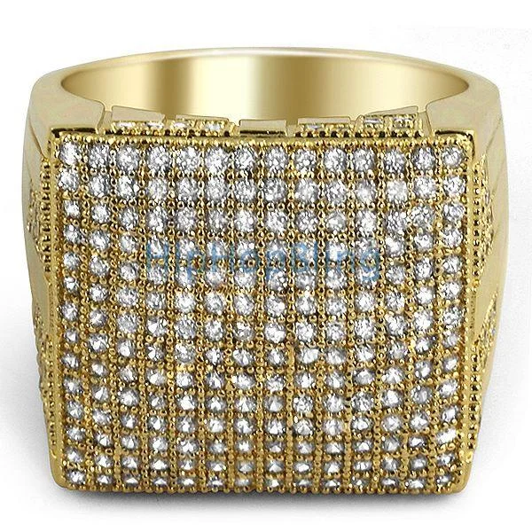 women’s statement rings-XL Mega Icey Gold CZ Micro Pave Bling Bling Ring