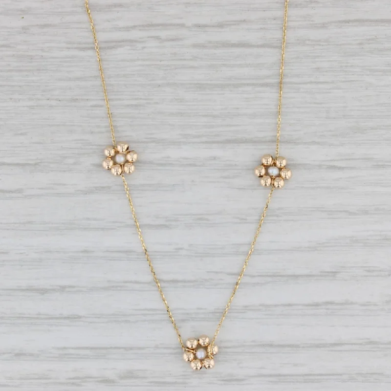 women’s sapphire necklaces-Pearl Flower Station Necklace 14k Yellow Gold 17.5" Cable Chain