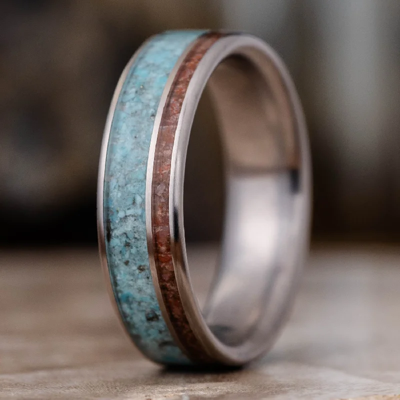 women’s vintage engagement rings-(In-Stock) Custom Men's Titanium Wedding Band with Turquoise and Dinosaur Bone - Size 8.75 | 6mm Wide