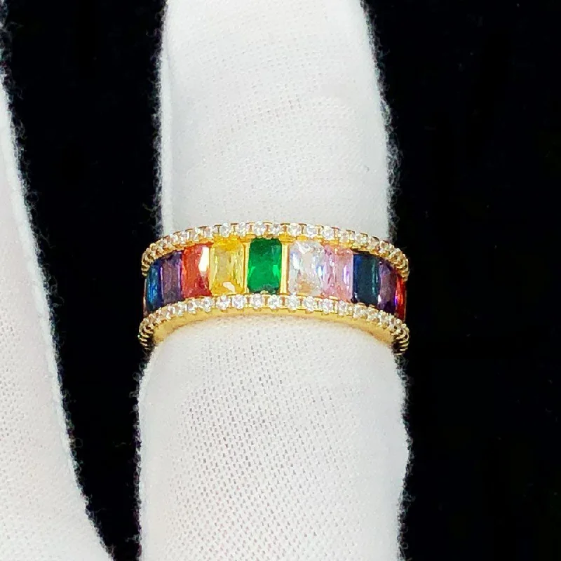 women’s double band rings-Colorful Baguette Eternity Gold Iced Out Ring .925 Sterling Silver