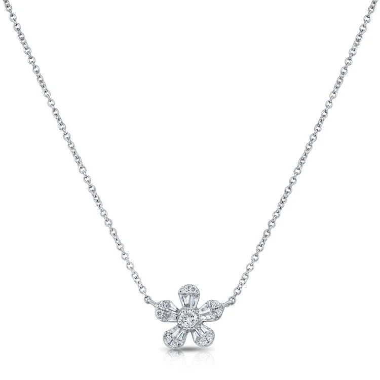 women’s custom necklaces-14K White Gold Diamond Flower Necklace