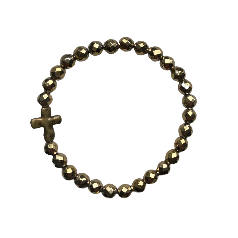 women’s gold chain bracelets-Antique Gold Wavy Cross Gold Hematite Faceted 6mm