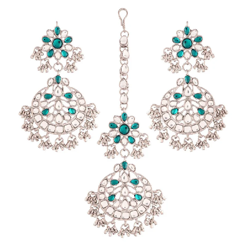 women’s sapphire earrings-Etnico 18K Rhodium Plated Traditional Handcrafted Earrings With Maang Tikka Encased with Faux Kundan & Pearl for Women/Girls (TE2872ZG)